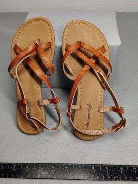 American Eagle Outfitters Tan & Burnt Orange Strappy Sandals - Size 6 1/2